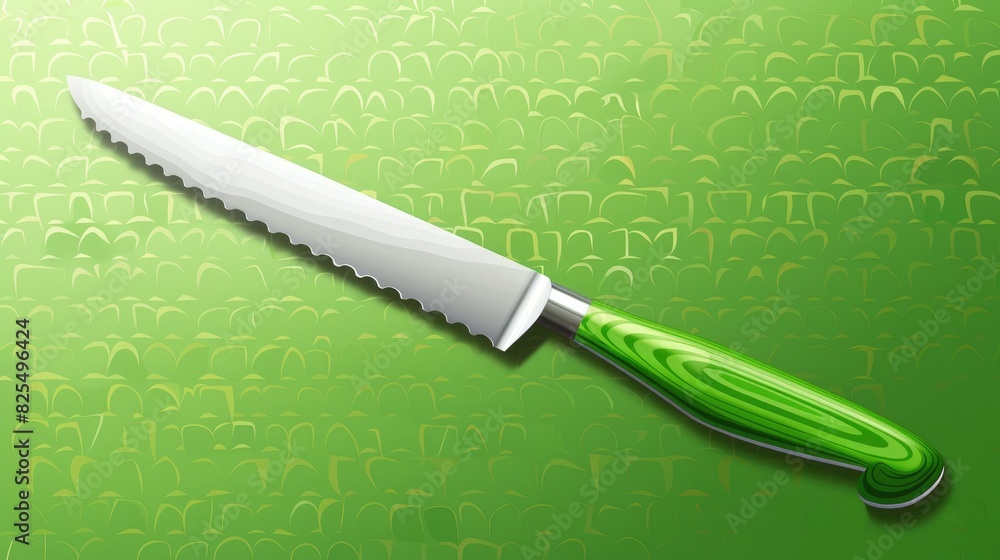 Poster symbol of a green bread knife on a green background with a pattern icon and representation of a uten