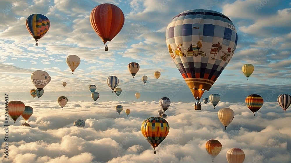 Wall mural   A multitude of hot air balloons soaring in the cloud-filled sky with clouds in the background