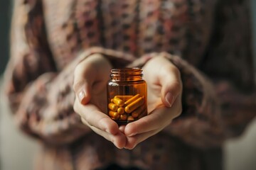 womans hands holding medicine bottle with pills healthcare and pharmacy concept closeup photography