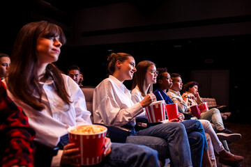 People are watching a movie in cinema. They are eating popcorn and drinking juices