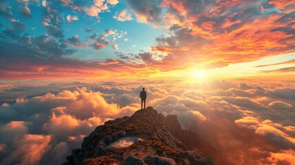Person Horizon. A Man Contemplating Sunset Horizon in Mountains with Cloud-Filled Valley