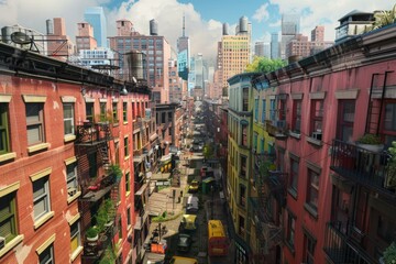 Obraz premium Vibrant cityscape featuring a busy street with buildings and an elevated train track