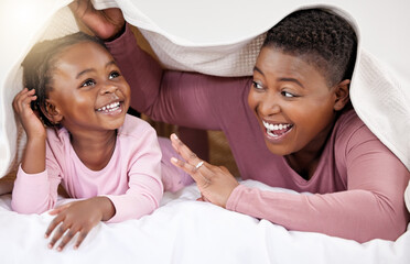 Black mother, blanket and child with love on bed for relationship trust, morning and bonding for...