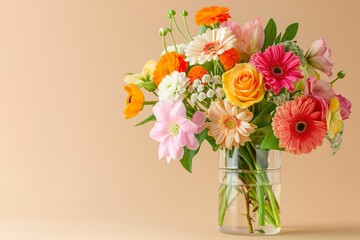 Colorful arrangement of fresh mixed flowers displayed in a clear glass vase on a beige background, with copy space for greetings or celebratory messages