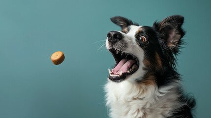 Action shot of a dog catching a treat isolated on studio background