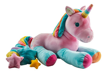 Cute pink unicorn plush toy, cut out - stock png.