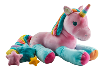 Cute pink unicorn plush toy, cut out - stock png.