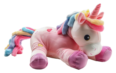 Cute pink unicorn plush toy, cut out - stock png.