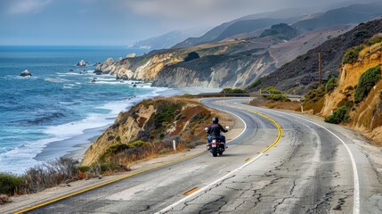 A motorbike cruises freely on а coastal road. The scenic route, with ocean views and winding curves, offers a sense of freedom and adventure on this motorcycle tour journey