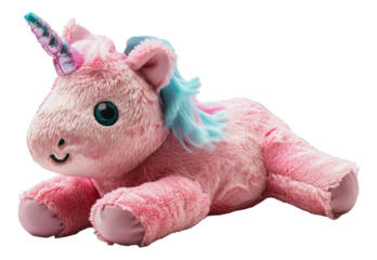 Cute pink unicorn plush toy, cut out - stock png.