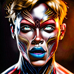 Tattooed face of a young man, dark-skinned, blond with light eyes
