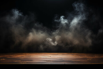 Dark empty wooden table with smoke float up on dark wall background. Free space for your decoration.