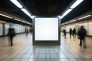 Blank billboard mock up in a subway station with walking people, underground interior. Urban light box inside advertisement metro vertical