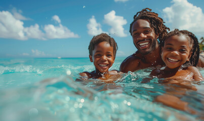 African happy father swimming with his children in the blue sea on the beach