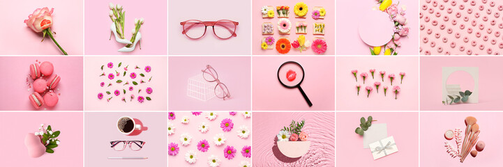 Collage of different items on pink background