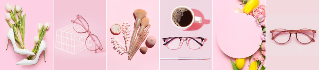 Set of different items on pink background - Powered by Adobe