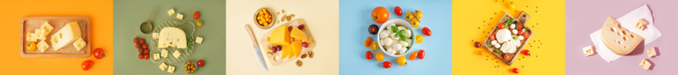 Collage of tasty cheeses on color background, top view