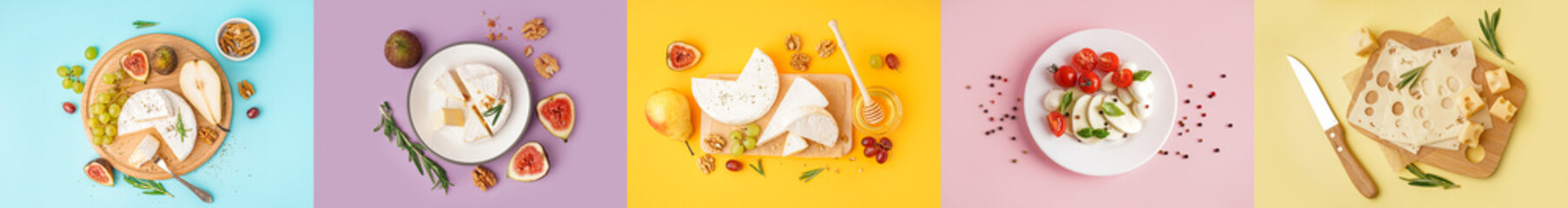 Collection of tasty cheeses on color background, top view