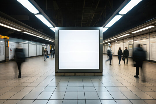 Blank billboard mock up in a subway station with walking people, underground interior. Urban light box inside advertisement metro vertical