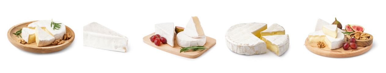 Set of tasty Camembert cheese on white background