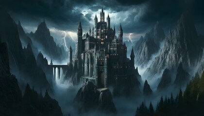 A terrifying castle perched on a rocky cliff, surrounded by lightning storms and dark, foreboding mountains, exuding a horrific and menacing presence.