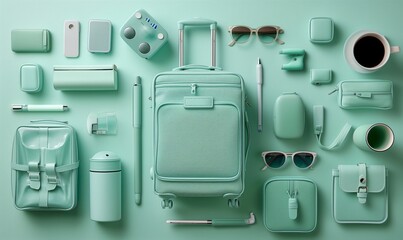 Set of travel accessories on a mint background, top view and flat lay composition