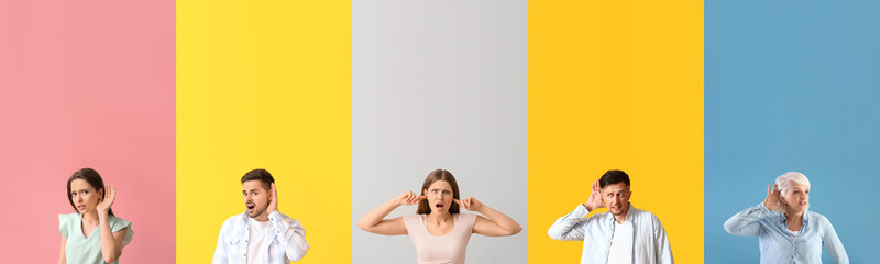 Collage of people with hearing problem on color background