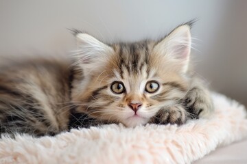 Obraz premium Cute tabby kitten lies comfortably on a cozy pink blanket, looking directly into the camera with large, captivating eyes and a playful yet serene expression