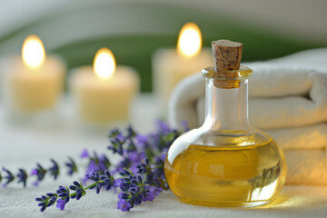 Serene aromatherapy setup with a glass bottle of lavender oil, purple lavender flowers, and glowing candles in the background, promoting relaxation and wellness in a spa-like environment