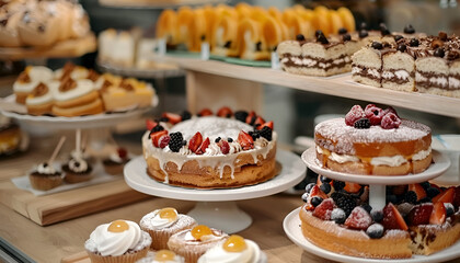 Naklejka premium Showcase with different tasty desserts in bakery shop, closeup