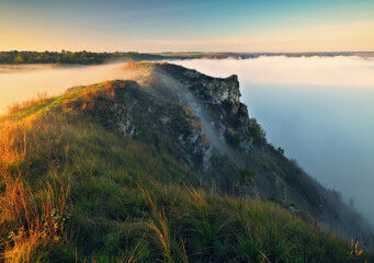 Beautiful autumn landscape at sunrise. picturesque river canyon. nature of Ukraine