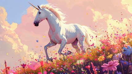 White unicorn running through a magical flower field for fantasy or nature themed designs