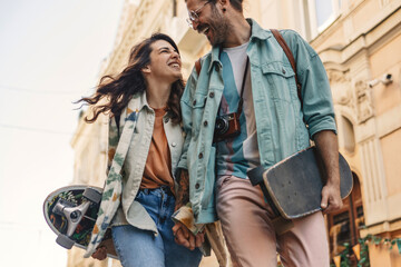 Low angle view of smiling hipster couple with skateboards walking on street