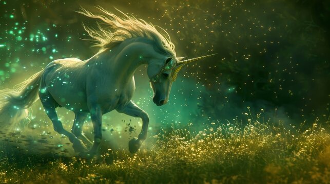 White unicorn running through a magical forest