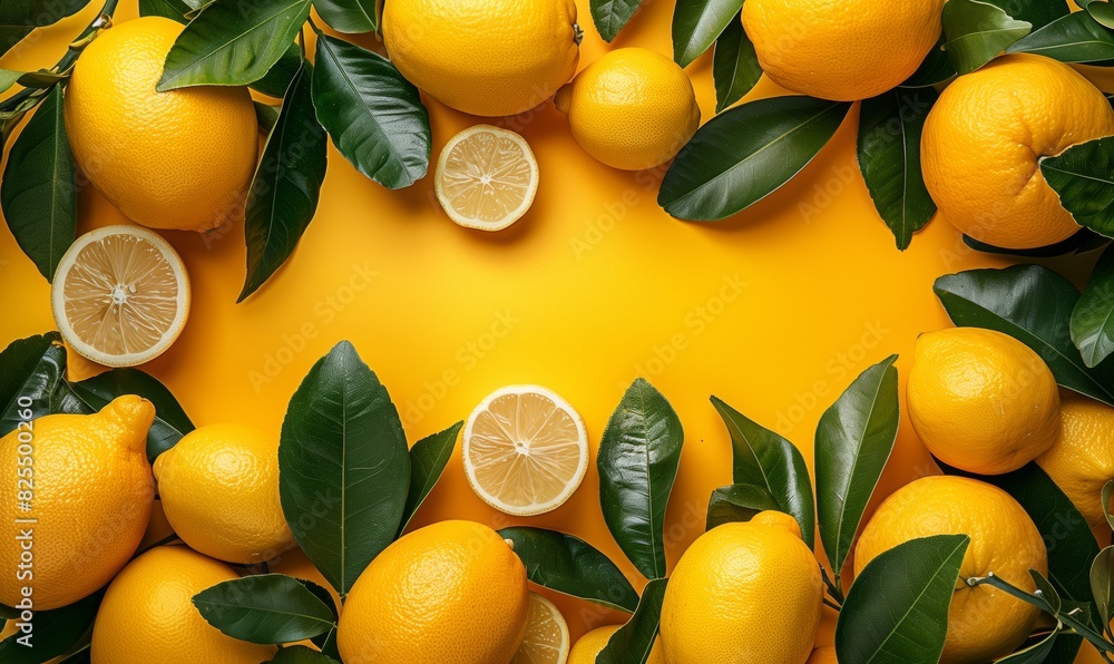 Wall mural summer composition made from oranges, lemon and green leaves on pastel yellow background. fruit mini - Wall murals