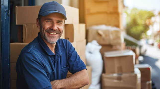 Smiling male courier in a blue uniform stands near the parcels. Postal delivery concept. Couriers service and transportation