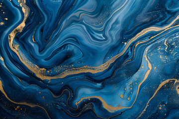 Swirling blue and gold patterns create a mesmerizing abstract design resembling a marble texture.