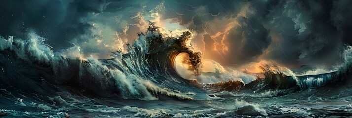 Tsunami wave in the sea. Natural disaster and cataclysm concept. Design for banner, wallpaper. Dramatic apocalyptic background. Panoramic view - Powered by Adobe
