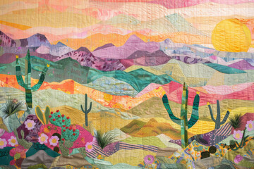 A colorful fabric patchwork landscape with mountains, cacti and wildflowers. The quilt is made of soft fabrics in pastel colors including pink, green, yellow and orange