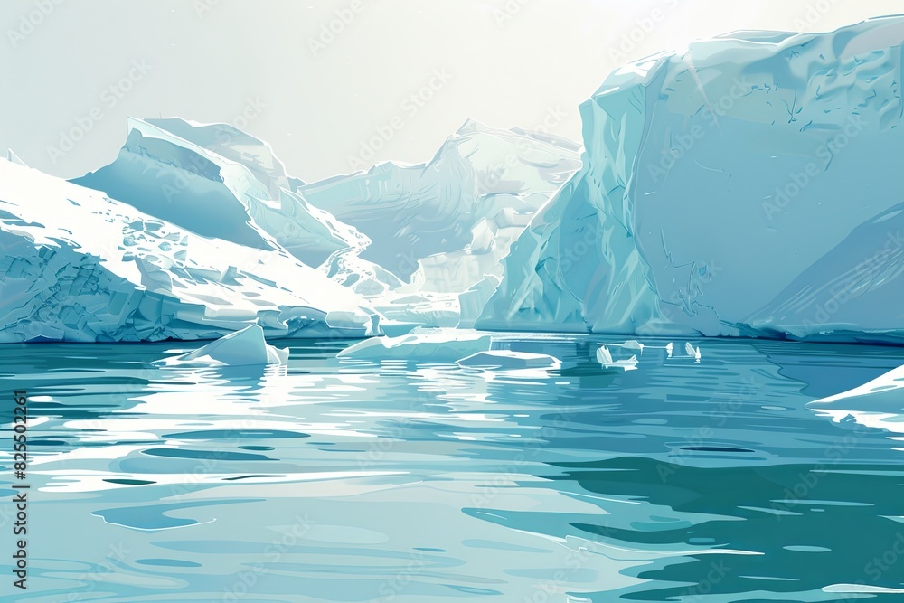 Poster icebergs float in a frigid arctic body of water, reflecting light and showcasing their icy textures.