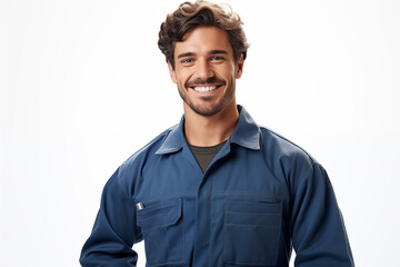 Obraz premium Mechanic man smiling on white background. Automotive industry. Car repair. Car garage. Mechanical training. Image for graphic designer.