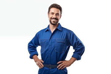 Mechanic man smiling on white background. Automotive industry. Car repair. Car garage. Mechanical training. Image for graphic designer.