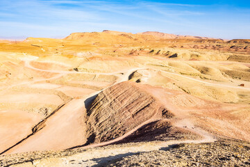 View of mountains and desert near Ksar Ait Ben Haddou, old Berber adobe-brick village or kasbah, Ouarzazate, Morocco, North Africa