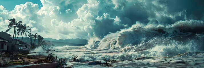 Tsunami waves hitting coastline. Natural disaster and cataclysm concept. Design for banner, wallpaper. Dramatic background. Panoramic view
