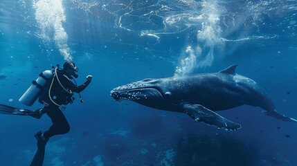 scuba diver with whale underwater in the sea in summer