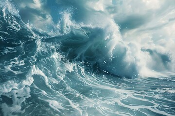 Fototapeta premium Tsunami wave during a storm. Natural disaster and cataclysm concept. Design for banner, wallpaper. Sea storm background