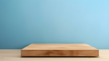 Fototapeta premium Close up of a square wooden Pedestal for Product Presentation. Empty light blue Showroom