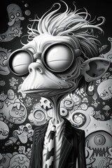 A cartoon character with glasses and a tie standing in front of an abstract background, AI