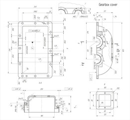 Assembly drawing of reducer cover.
Vector drawing of steel mechanical detail with
 bolted connection and dimension lines.
Engineering cad scheme. Technical template. 
Cross section.
