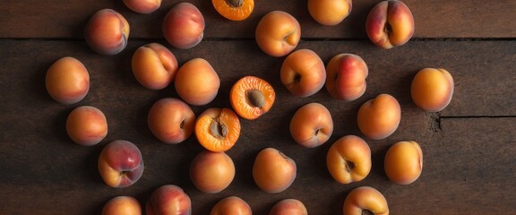 Apricot fruits on wooden rustic table. Top view flat lay